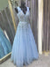 Blue Tulle A-line Appliques Long Evening Prom Dresses, Cheap Custom Prom Dresses, MR7875