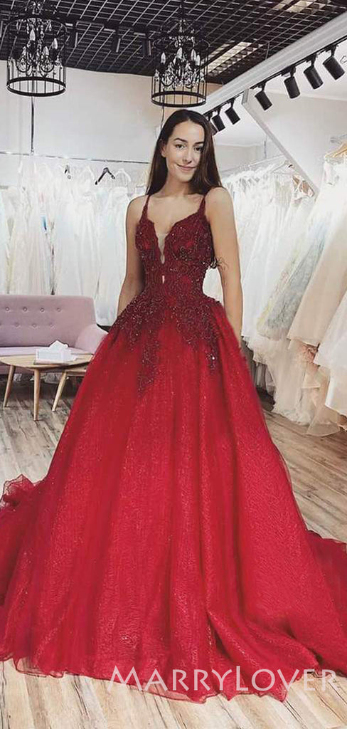 Burgundy Tulle Sparkly A-line Long Evening Prom Dresses, Ball Gown Prom Dresses, MR7878