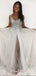 A-line Beaded White Tulle V-neck Long Evening Prom Dresses, Cheap Custom Prom Dress, MR7887
