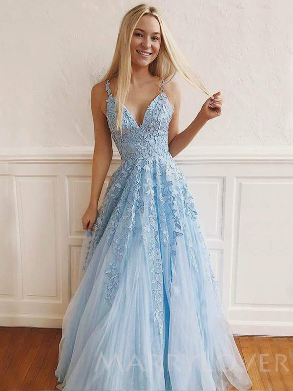 Sky Blue Tulle Appliques Lace A-line Long Evening Prom Dresses, Cheap Custom Prom Dresses, MR7888