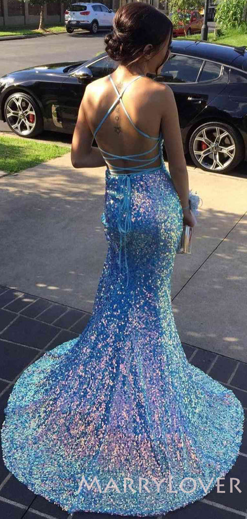 Mermaid Blue Sequin Spaghetti Straps Long Evening Prom Dresses, Cheap Custom Prom Dresses, MR7891