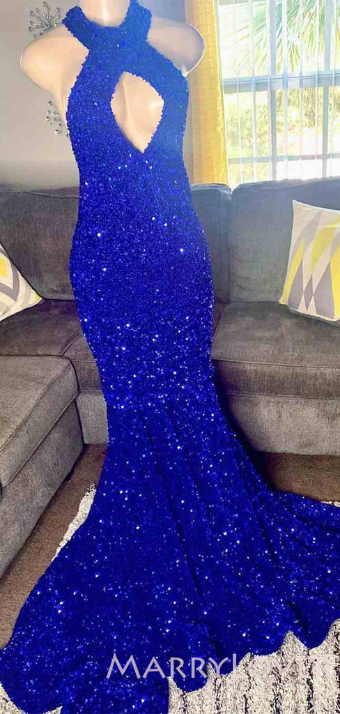 Royal Blue Sequin Mermaid Halter Long Evening Prom Dresses, Cheap Custom Prom Dresses, MR7892