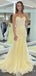 Mermaid Yellow Tulle Beaded Strapless Long Evening Prom Dresses, Cheap Prom Dress, MR7894
