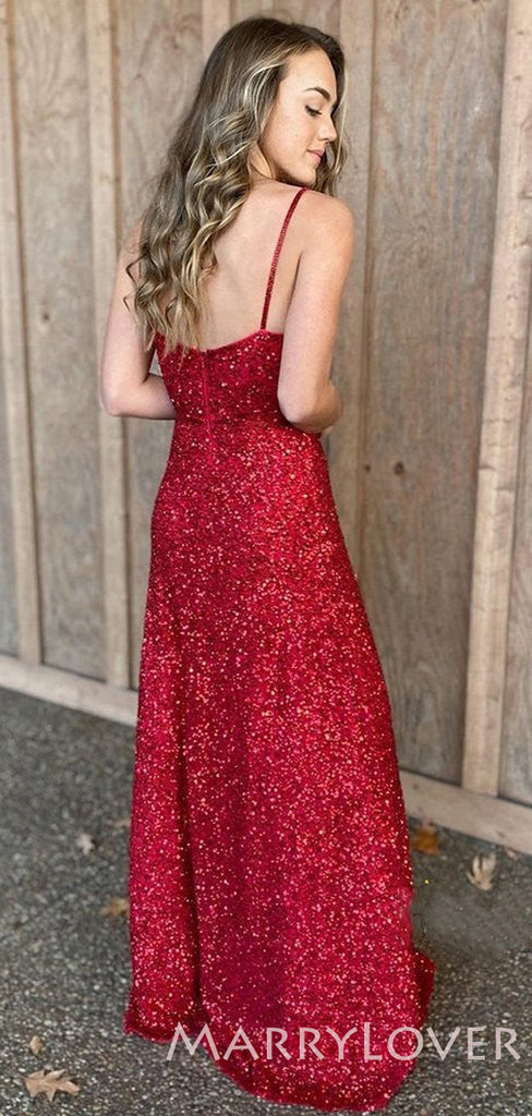 A-line Burgundy Sequin Spaghetti Straps Long Evening Prom Dresses, Cheap Custom Prom Dresses, MR7899