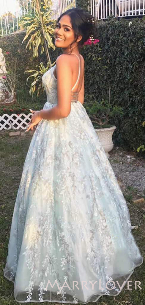 A-line White Lace Spaghetti Straps Long Evening Prom Dresses, Cheap Custom Prom Dress, MR7907