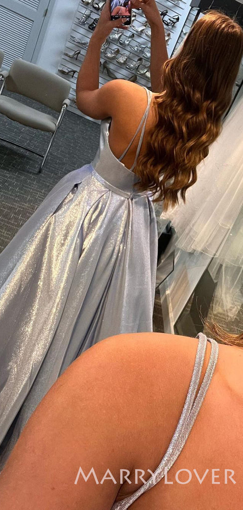 A-Line Spaghetti Straps Grey Sparkly Long Evening Prom Dresses, Cheap Custom Dresses,MR7909