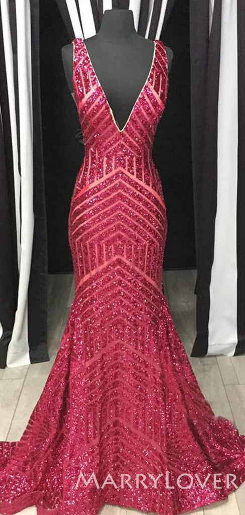 Deep V-neck Burgundy Sequin Mermaid Long Evening Prom Dresses, Cheap Custom Prom Dresses, MR7912