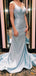 Sky Blue Satin Sparkly Long Mermaid Evening Prom Dresses, Cheap Custom Prom Dresses, MR7915