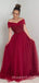 Off Shoulder Burgundy Tulle A-line Beaded Long Evening Prom Dresses, MR7919