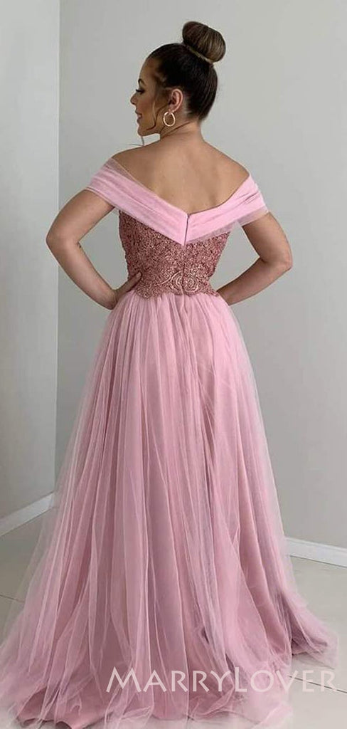 Off Shoulder Burgundy Tulle A-line Beaded Long Evening Prom Dresses, MR7919