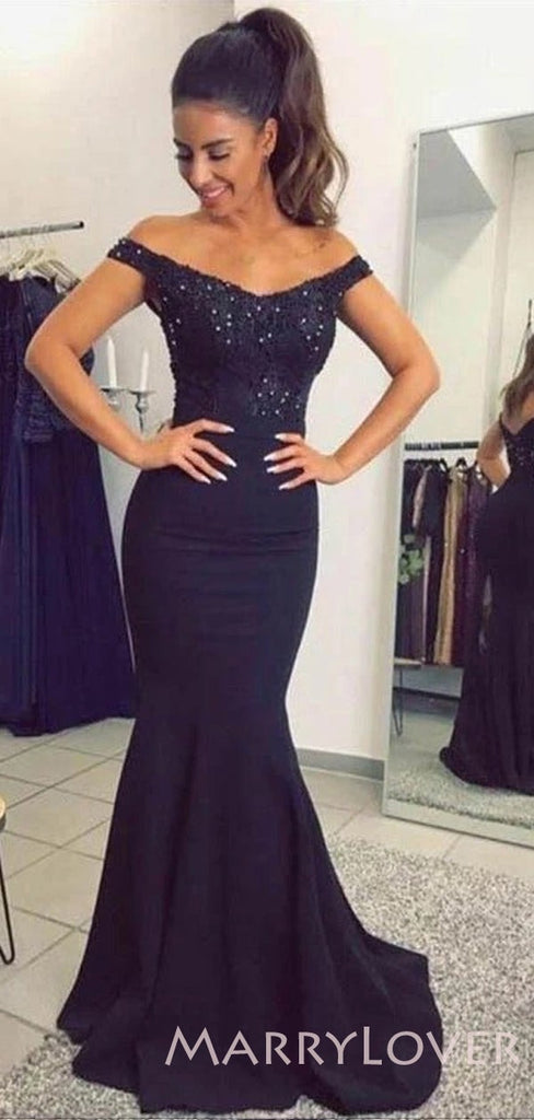 Off Shoulder Navy Blue Satin Appliques Long Beaded Mermaid Evening Prom Dresses, Cheap Custom Prom Dresses, MR7927