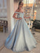 Off Shoulder Sky Blue Satin A-line Long Evening Prom Dresses, Cheap Custom prom dresses, MR7930