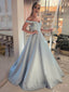 Off Shoulder Sky Blue Satin A-line Long Evening Prom Dresses, Cheap Custom prom dresses, MR7930