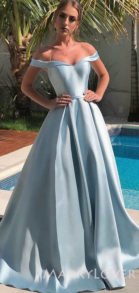 Off Shoulder Sky Blue Satin A-line Long Evening Prom Dresses, Cheap Custom prom dresses, MR7930