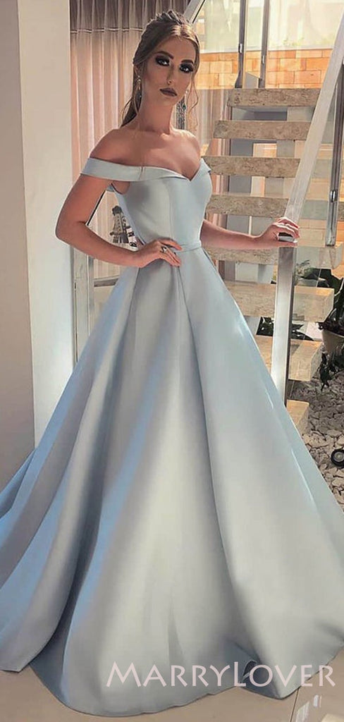 Off Shoulder Sky Blue Satin A-line Long Evening Prom Dresses, Cheap Custom prom dresses, MR7930