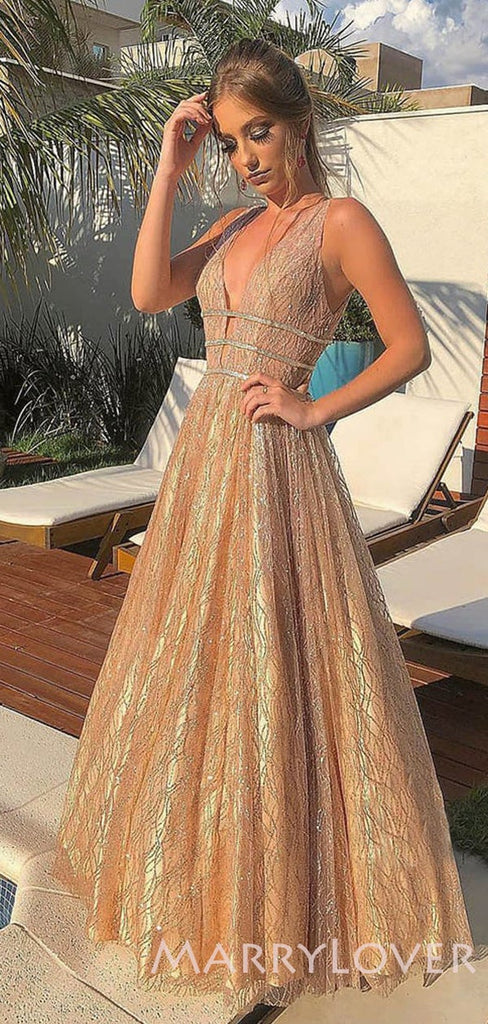 Deep V-neck Gold Sequin A-line Long Sparkly Evening Prom Dresses, Cheap Custom Prom Dresses, MR7931