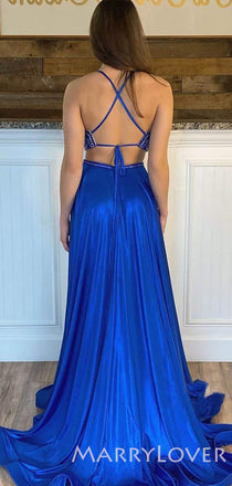 Two Pieces Royal Blue Satin appliques Long Evening Prom Dresses, Cheap Custom Prom Dress, MR7932