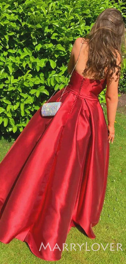 A-line Red Satin Strapless Long Evening Prom Dresses, Cheap Custom Ball Gown, MR7934