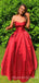 A-line Red Satin Strapless Long Evening Prom Dresses, Cheap Custom Ball Gown, MR7934