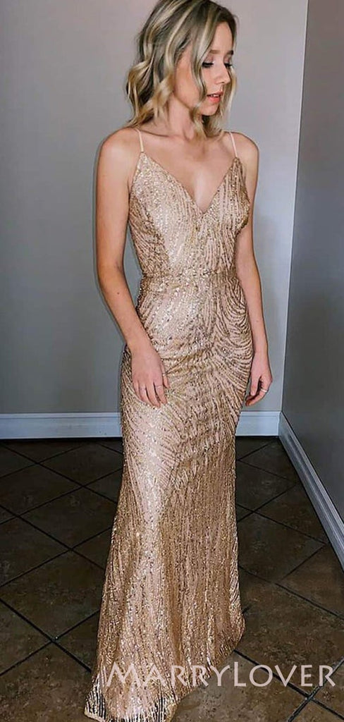 Gold Sequin Spaghetti Straps A-line Long Evening Prom Dresses, Cheap Custom Prom Dresses, MR7937