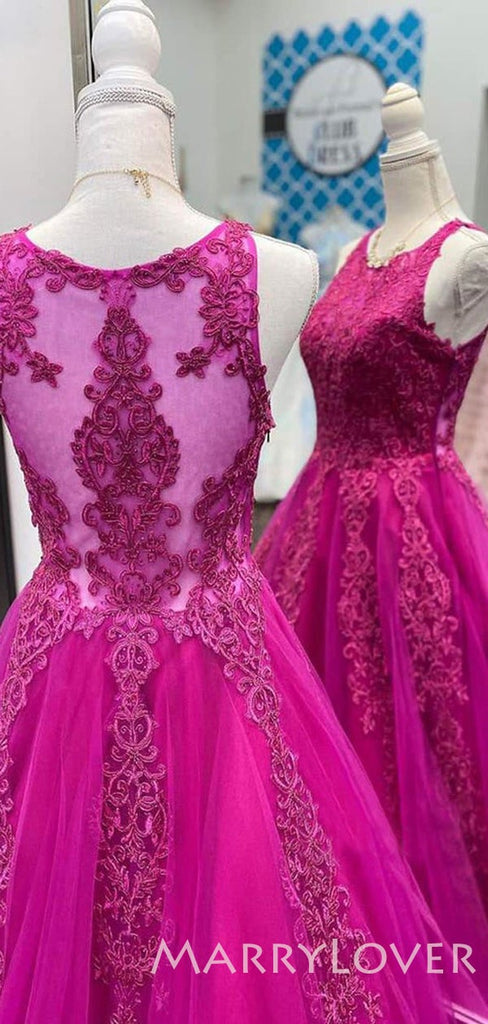 A-line Fuchsia Tulle Appliques Lace Long Illusion Evening Prom Dresses, Cheap Custom Prom Dresses, MR7938