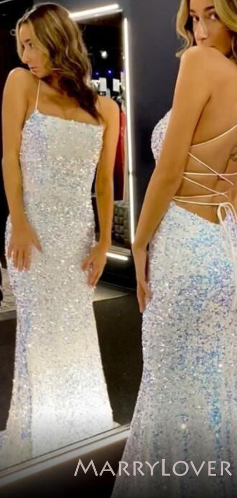 Mermaid Sequin Long Spaghetti Straps Evening Prom Dresses, Cheap Custom Prom Dresses, MR7958