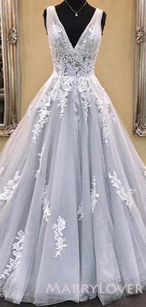 A-line Grey Tulle Appliques Lace Long Evening Prom Dresses, Cheap Custom Prom Dresses, MR7959