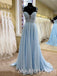 Deep V-neck Sky Blue Chiffon A-line Appliques Long Evening Prom Dresses, Cheap Custom Prom Dresses, MR7964