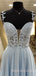 Deep V-neck Sky Blue Chiffon A-line Appliques Long Evening Prom Dresses, Cheap Custom Prom Dresses, MR7964