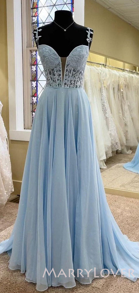 Deep V-neck Sky Blue Chiffon A-line Appliques Long Evening Prom Dresses, Cheap Custom Prom Dresses, MR7964