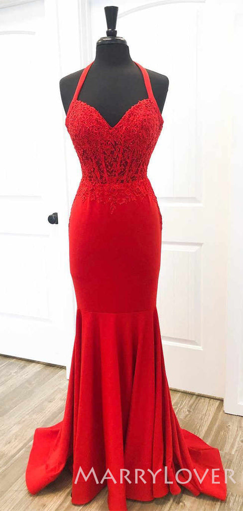 Mermaid Red Satin Appliques Lace Long Evening Prom Dresses, Cheap Custom Prom Dresses, MR7967