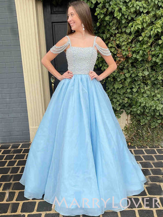 Sky Blue Organza Beaded A-line Long Evening Prom Dresses, Cheap Sweet Prom dresses, MR7971