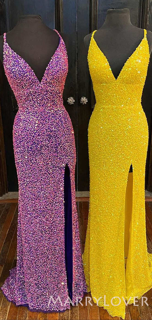 Purple/Yellow Sequin Deep V-neck Sheath Long Evening Prom Dresses, Cheap Custom Prom Dresses, MR7974