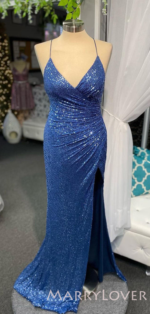 Mermaid Blue Sequin V-neck Long Evening Prom Dresses, Cheap Custom Prom Dresses, MR7976