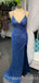 Mermaid Blue Sequin V-neck Long Evening Prom Dresses, Cheap Custom Prom Dresses, MR7976