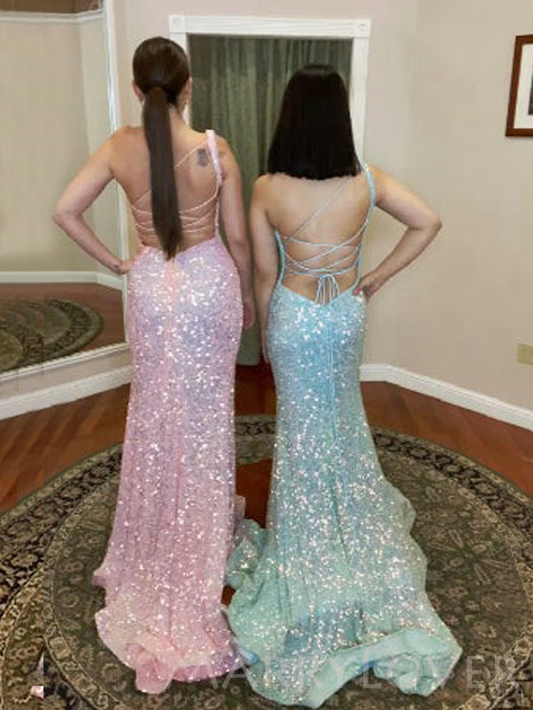 Pink Sequin One Shoulder Long Mermaid Evening Prom Dresses, Cheap Custom Prom Dresses, MR7981