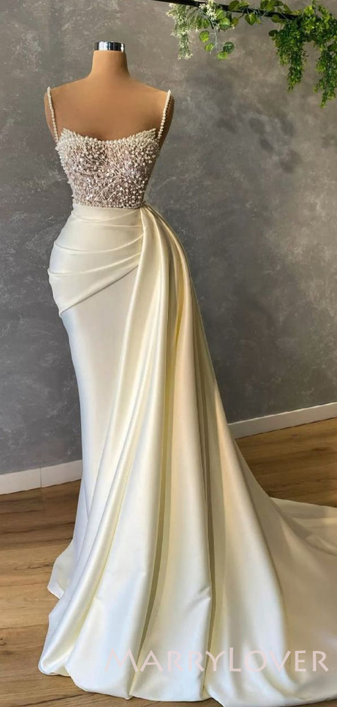 Mermaid White Satin Spaghetti Straps Beaded Long Evening Prom Dresses, Wedding Dresses, MR7991