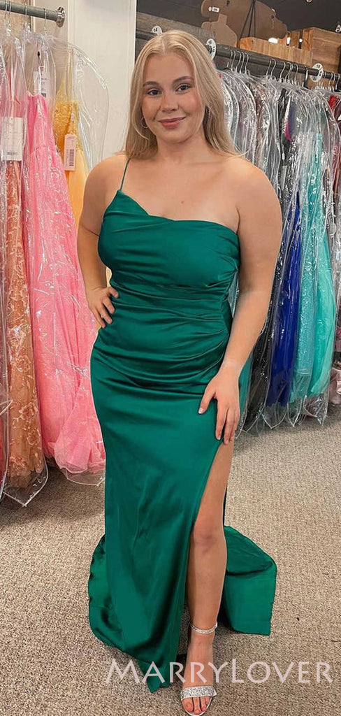 One Shoulder Green Satin Mermaid Long Evening Prom Dresses, Cheap Custom Prom Dresses, MR8003