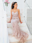 Mermaid Dusty Pink Tulle Appliques Spaghetti Straps Lace Long Evening Prom Dresses, MR8014