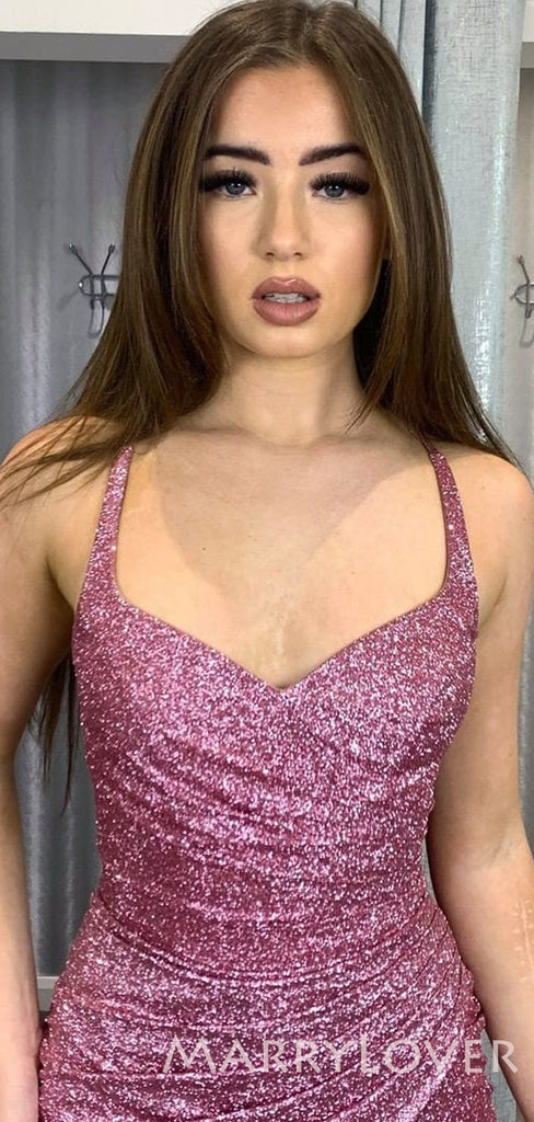 Pink Sequin Mermaid V-neck Spaghetti Straps Long Evening Prom Dresses, Cheap Custom Prom Dresses, MR8021