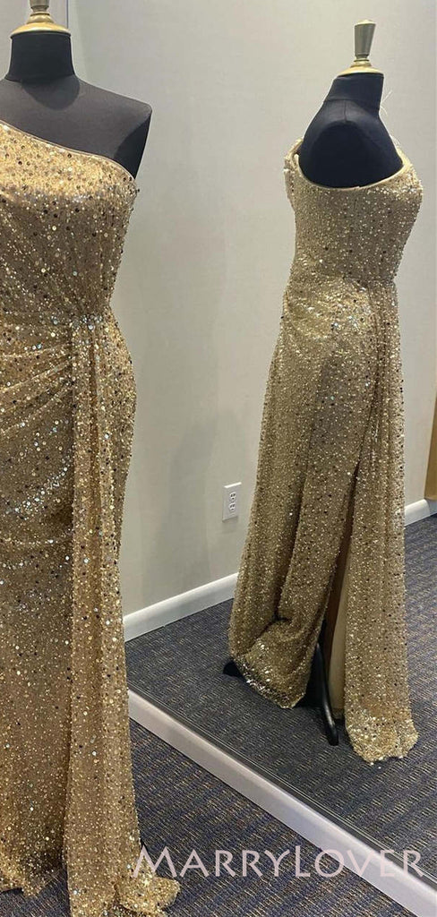 One Shoulder Gold Sequin Sparkly Mermaid Long Evening Prom Dresses, MR8029