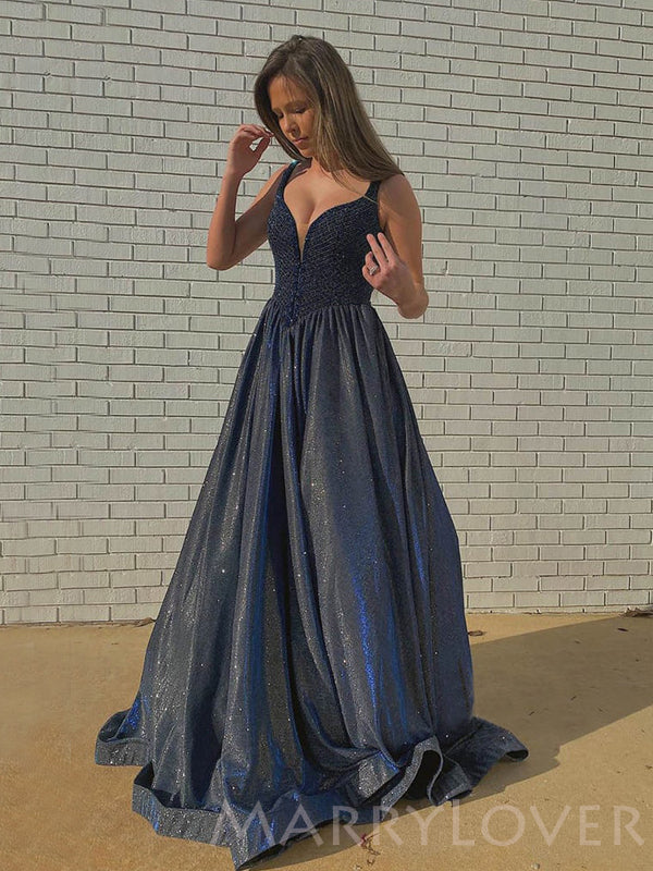 A-Line Navy Blue Sparkly Beaded Long Evening Prom Dresses, Cheap Custom Prom Dresses, MR8036