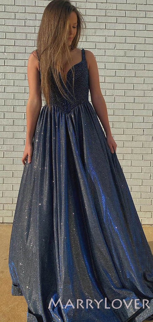 A-Line Navy Blue Sparkly Beaded Long Evening Prom Dresses, Cheap Custom Prom Dresses, MR8036