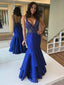 Deep V-neck Royal Blue Satin Mermaid beaded Long Evening Prom Dresses, Cheap Custom Prom Dresses, MR8037
