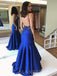 Deep V-neck Royal Blue Satin Mermaid beaded Long Evening Prom Dresses, Cheap Custom Prom Dresses, MR8037