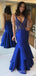 Deep V-neck Royal Blue Satin Mermaid beaded Long Evening Prom Dresses, Cheap Custom Prom Dresses, MR8037