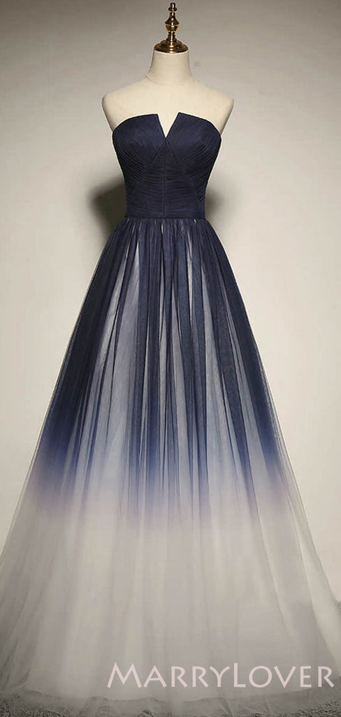 Navy Blue Tulle A-line Strapless Long Evening Prom Dresses, Cheap Custom Prom Dress, MR8039