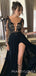 Sexy Deep V-neck Black Chiffon See Through Appliques Long Prom Dresses, Long Sleeves Prom Dress, MR8046