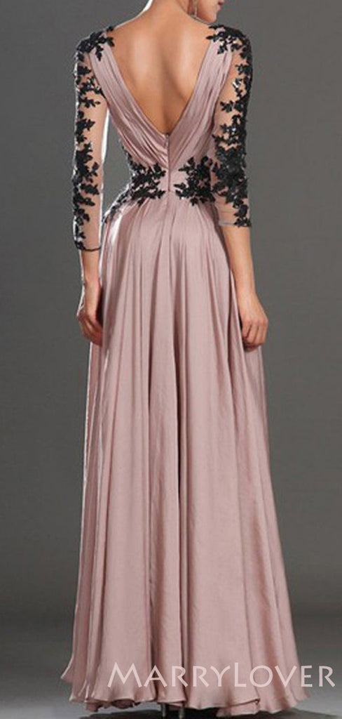 Long Sleeves Dusty Pink Chiffon Lace Long A-line Prom Dresses, MR8048