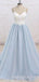 Spaghetti Straps Sweep Train Backless Light Blue Tulle Long Evening Prom Dresses, Cheap Custom Prom Dress, MR8052